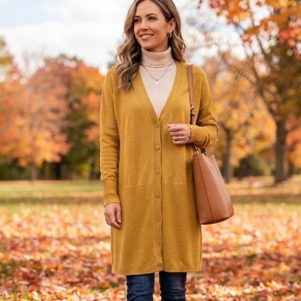 Lily Morgan Long Cardigan Womens Large Mustard Yellow Knit Fall Preppy Modest
